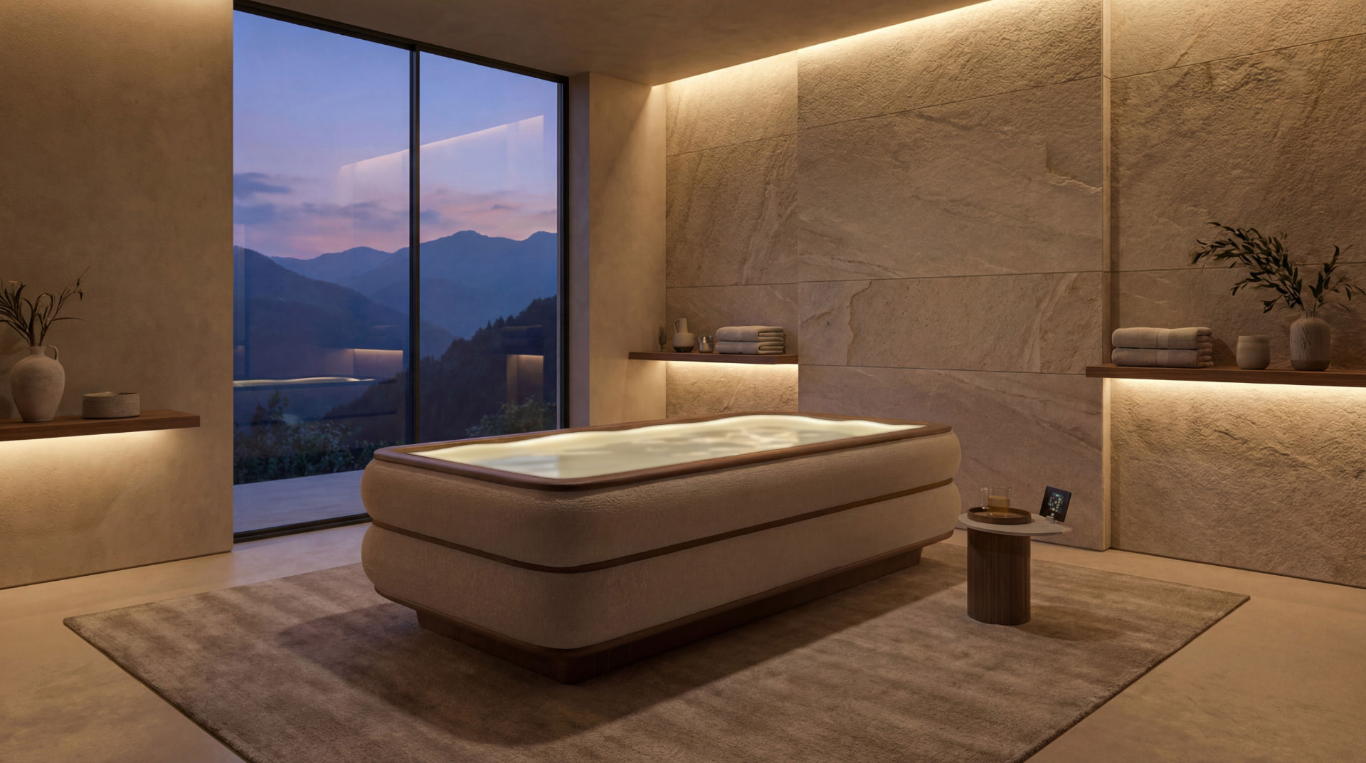 Cabina benessere con lettino e vista sulle montagne