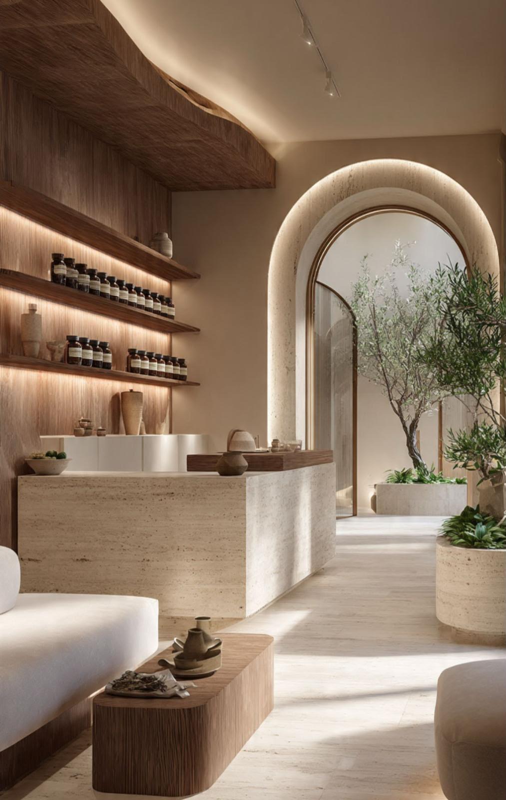 Concept reception naturale in legno e travertino con grande arco