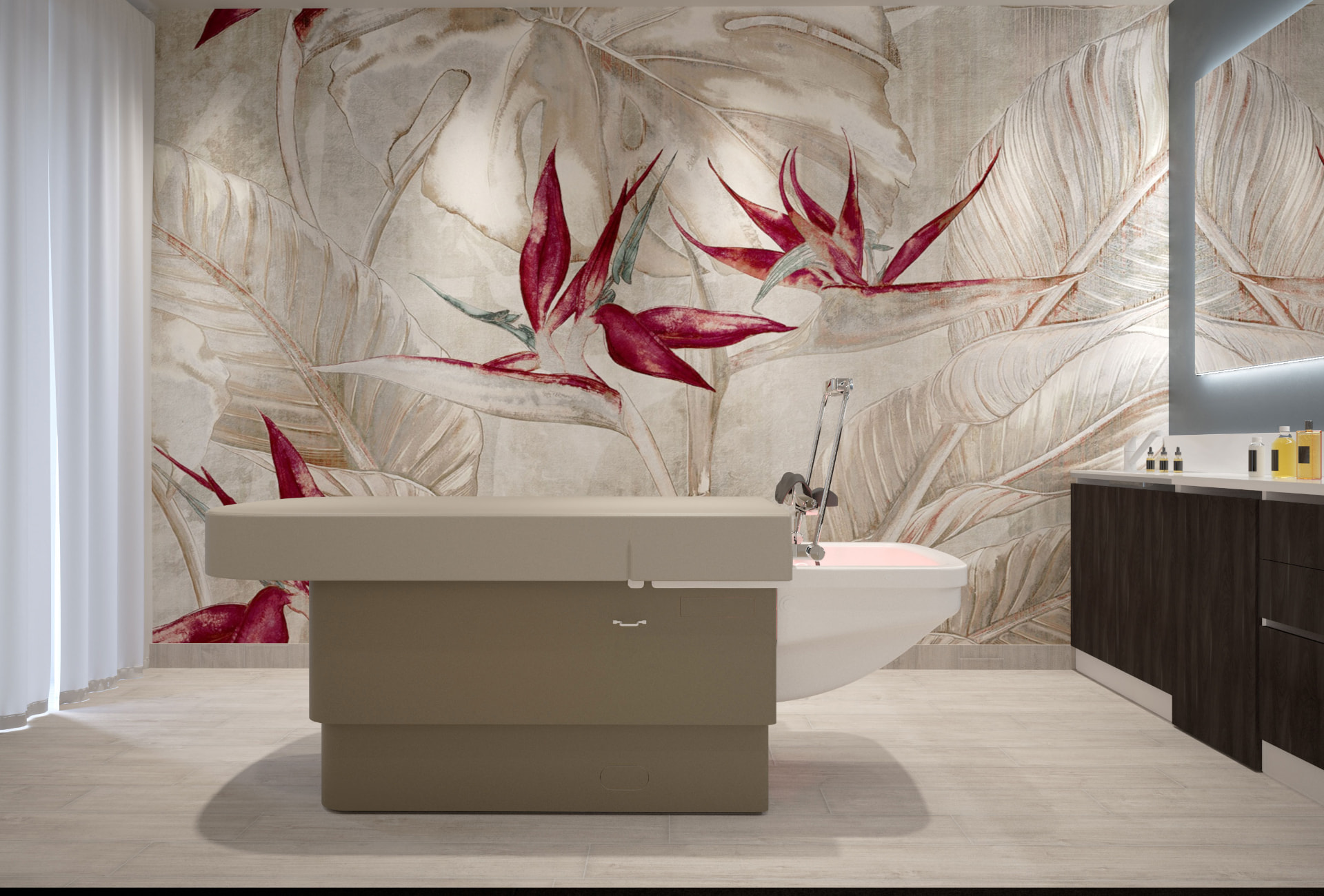 Cabina Shirobody con lettino attrezzato e rivestimento botanico