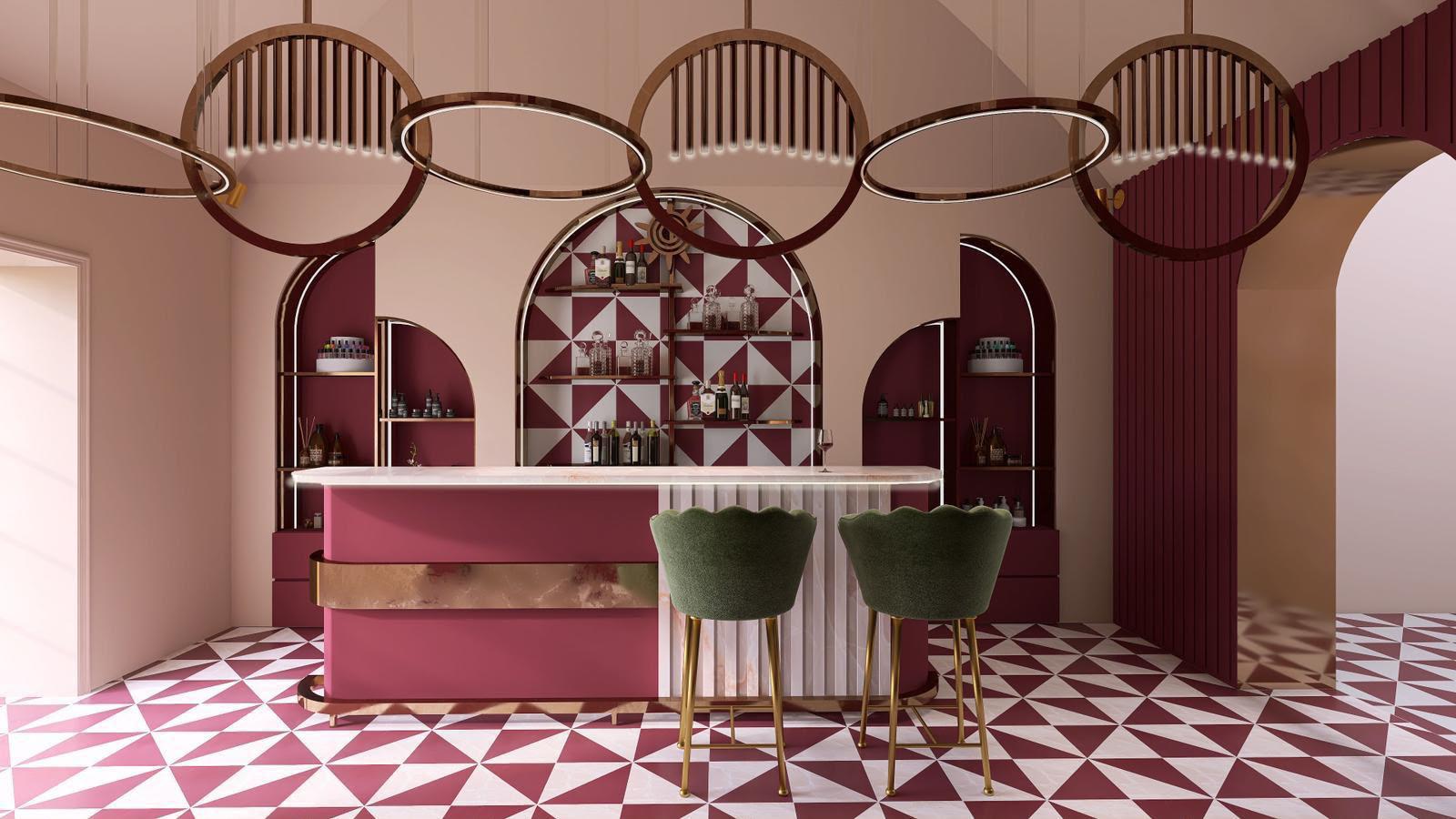 Concept beauty lounge bordeaux con bancone, archi e illuminazione circolare