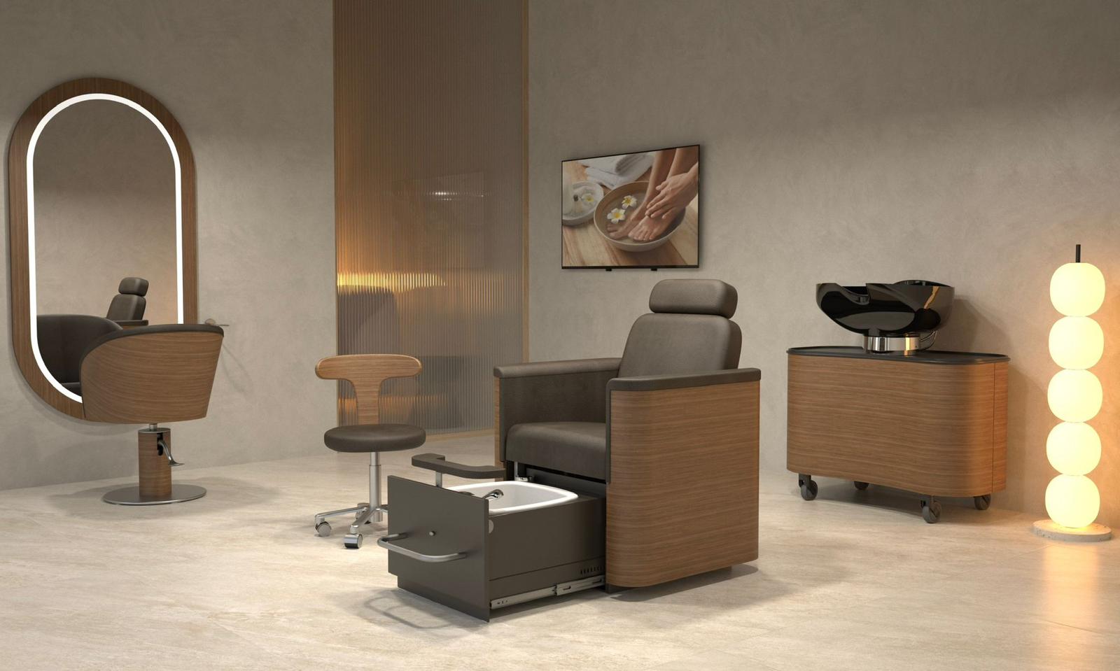 Arredi e complementi Nilo Spa Design: poltrona pedicure, specchiera e lavatesta