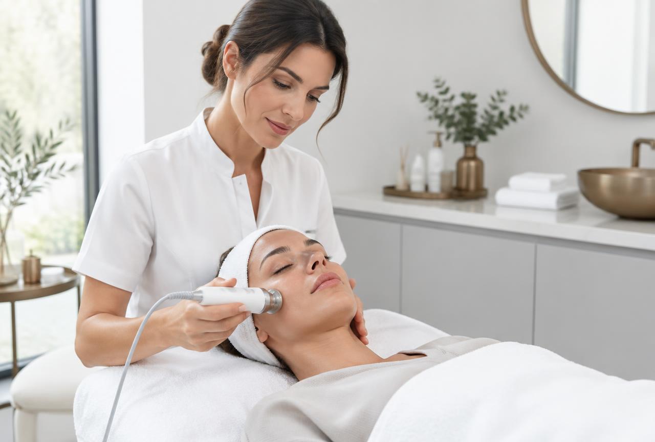 Estetista che esegue un trattamento viso dimostrativo con un manipolo