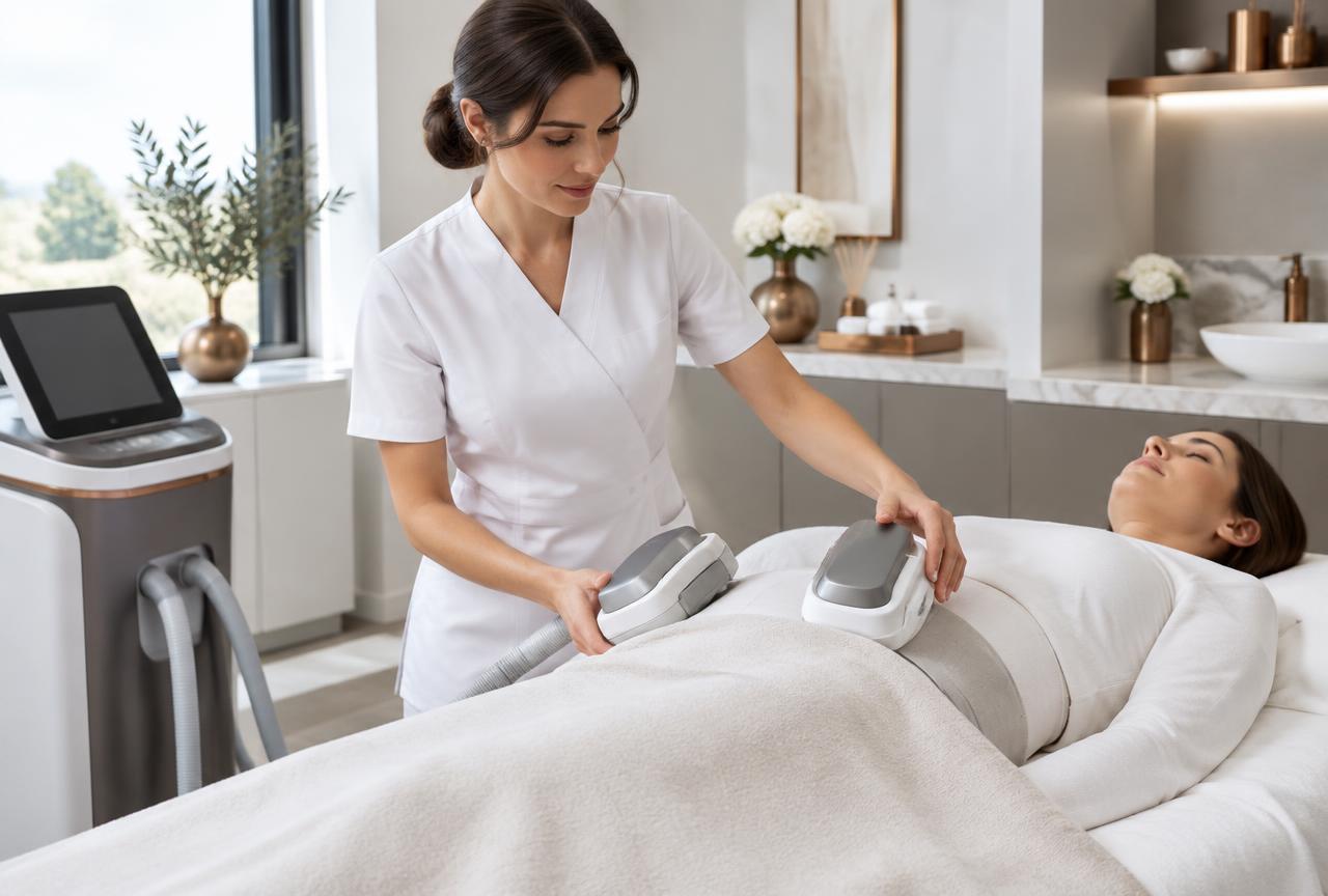 Estetista che posiziona applicatori per un trattamento corpo dimostrativo