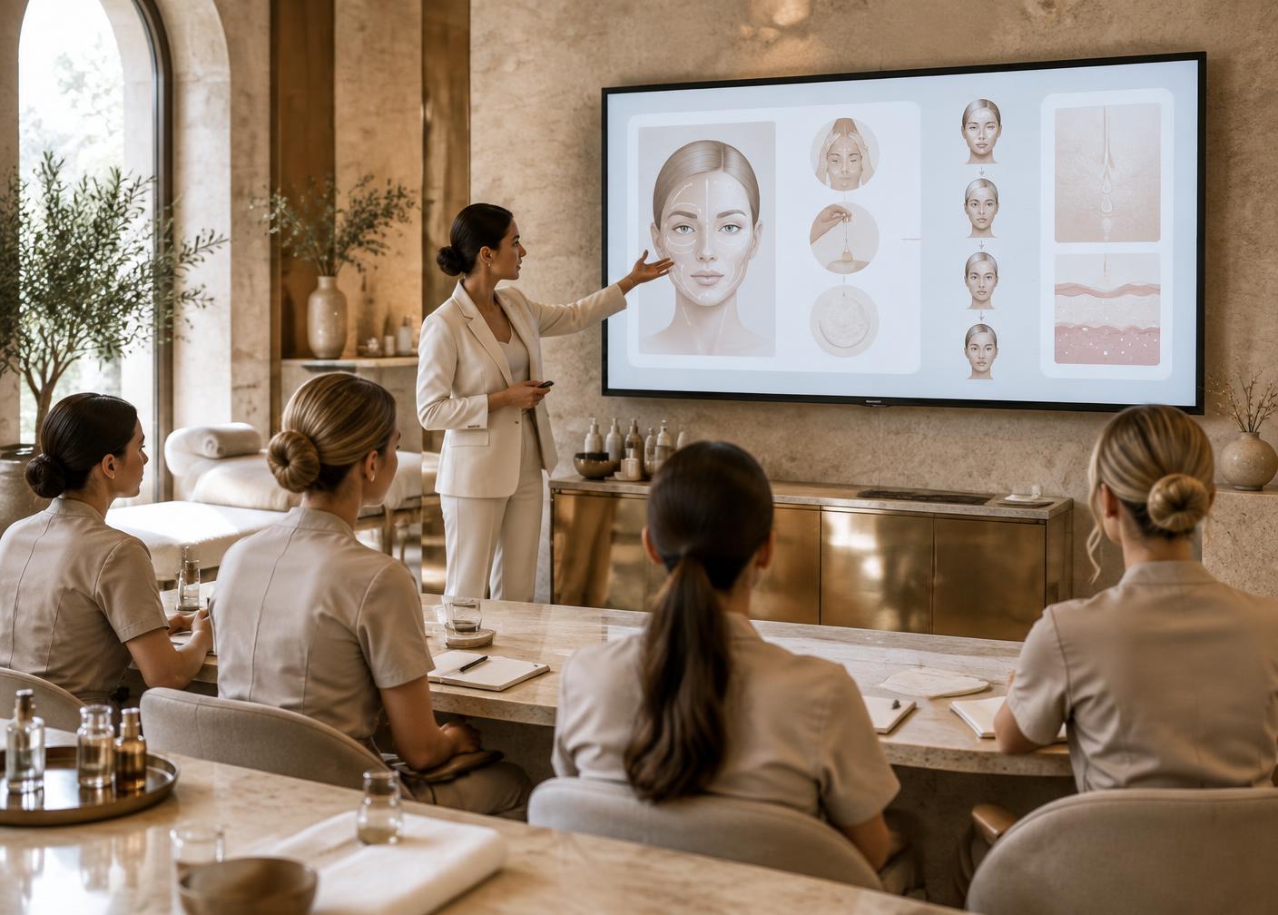 Docente Wellness World spiega i protocolli allo staff di una struttura wellness
