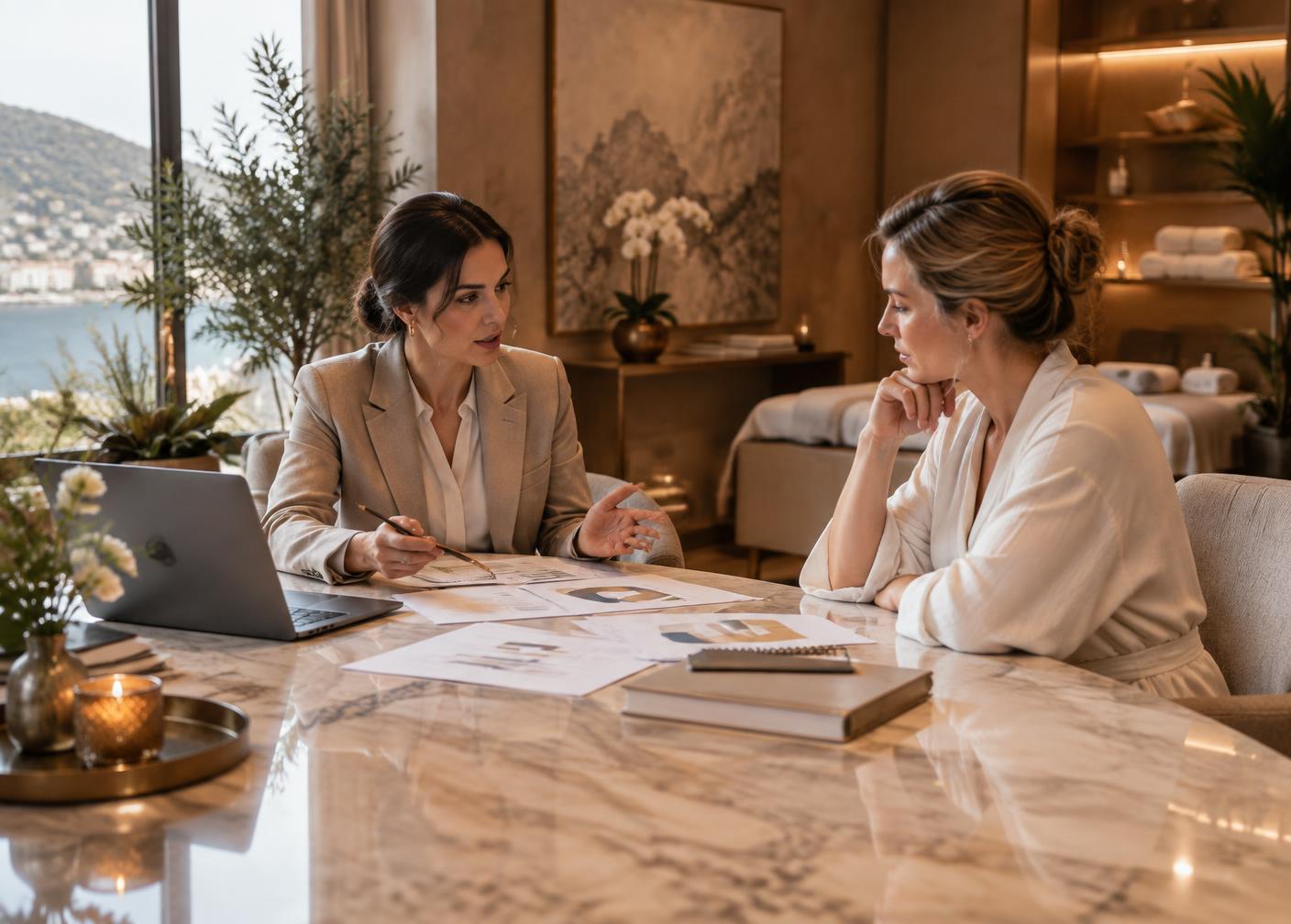 Consulente Wellness World analizza gli indicatori di gestione con la titolare di una spa